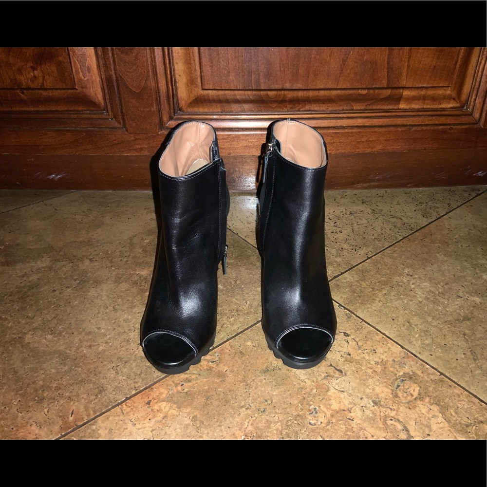 BCBGMaxAzria suede and leather peep-toe booties